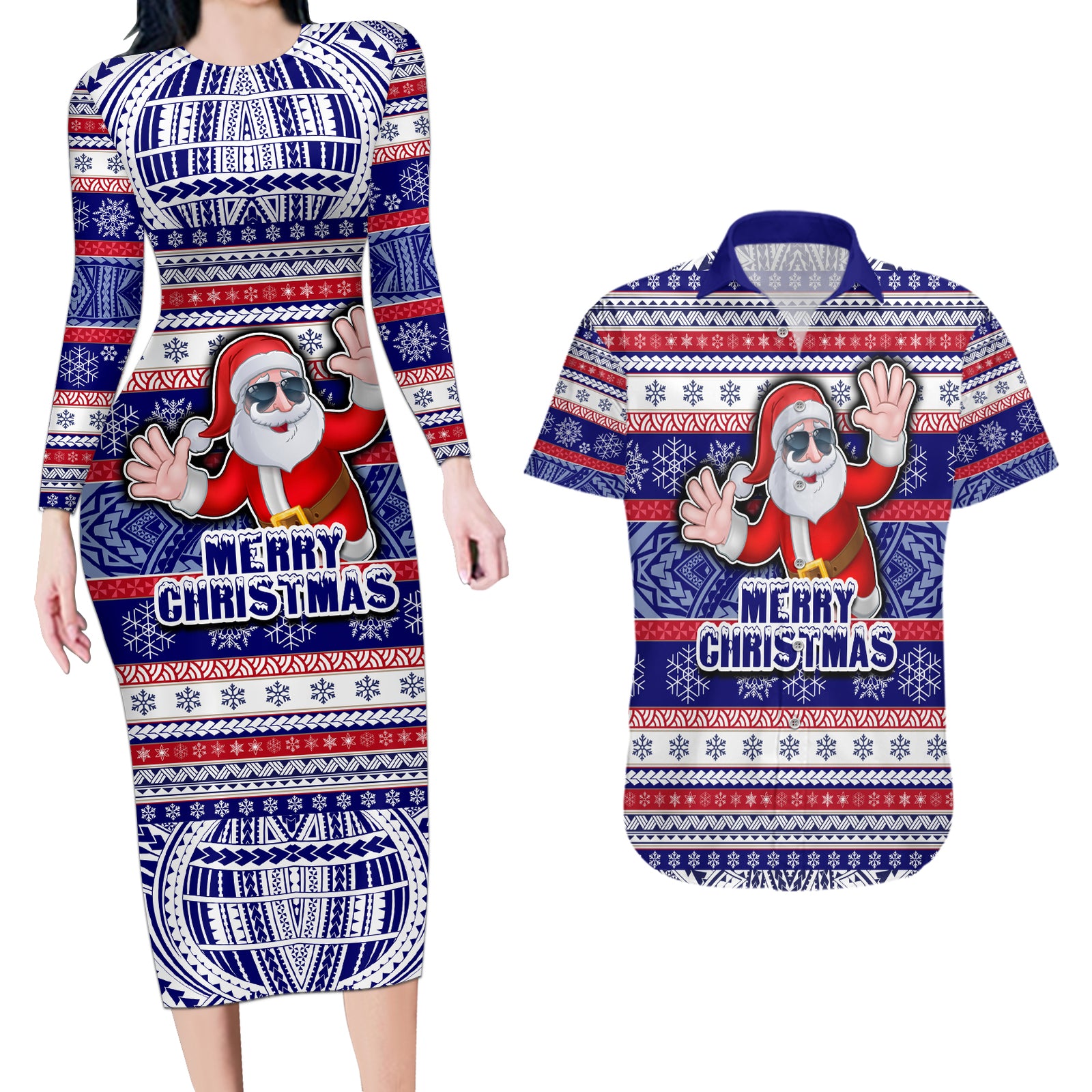 Custom American Samoa Christmas Couples Matching Long Sleeve Bodycon Dress and Hawaiian Shirt Samoan Coat of Arms and Cool Santa Ornament Style LT03 Blue - Polynesian Pride