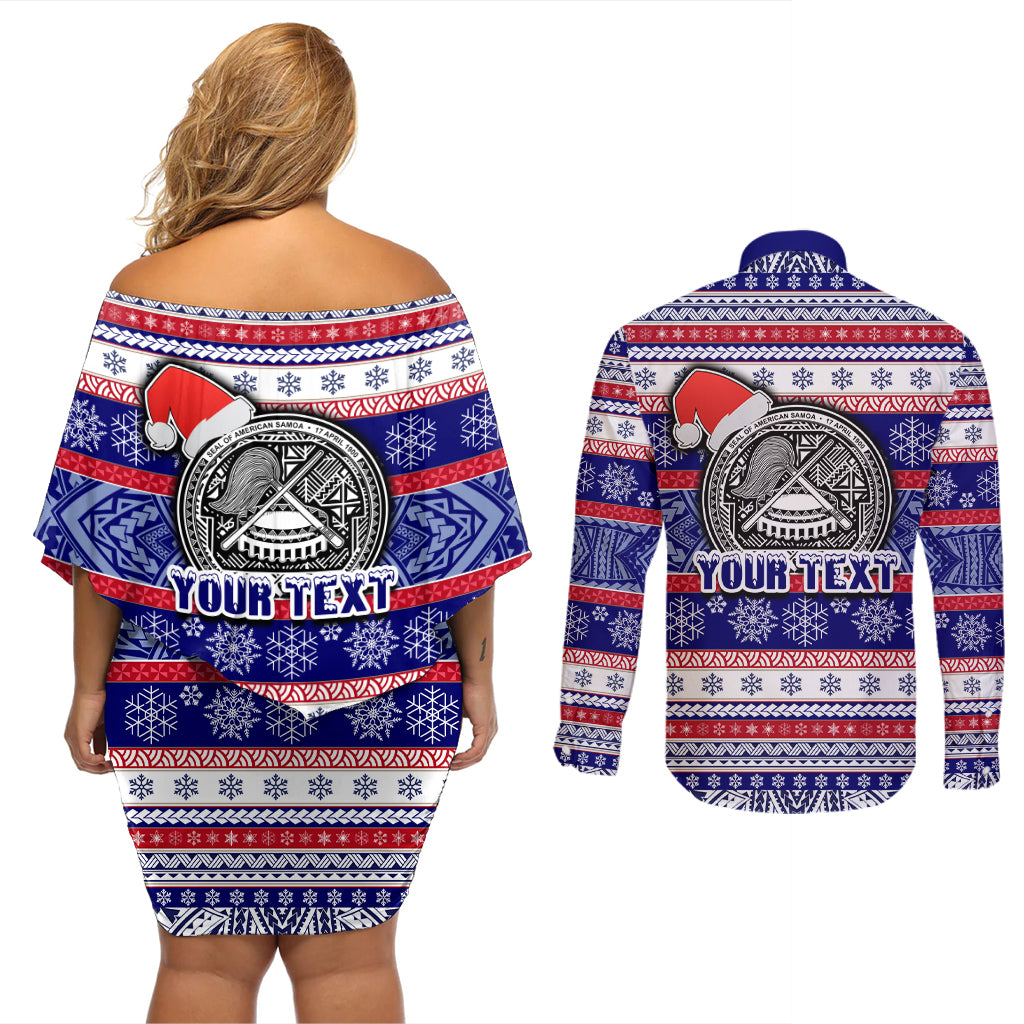 Custom American Samoa Christmas Couples Matching Off Shoulder Short Dress and Long Sleeve Button Shirts Samoan Coat of Arms and Cool Santa Ornament Style LT03 - Polynesian Pride