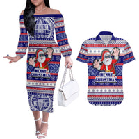 Custom American Samoa Christmas Couples Matching Off The Shoulder Long Sleeve Dress and Hawaiian Shirt Samoan Coat of Arms and Cool Santa Ornament Style LT03 Blue - Polynesian Pride