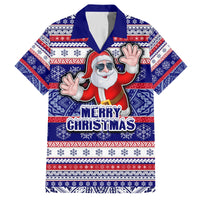 Custom American Samoa Christmas Family Matching Off Shoulder Long Sleeve Dress and Hawaiian Shirt Samoan Coat of Arms and Cool Santa Ornament Style LT03 Dad's Shirt - Short Sleeve Blue - Polynesian Pride