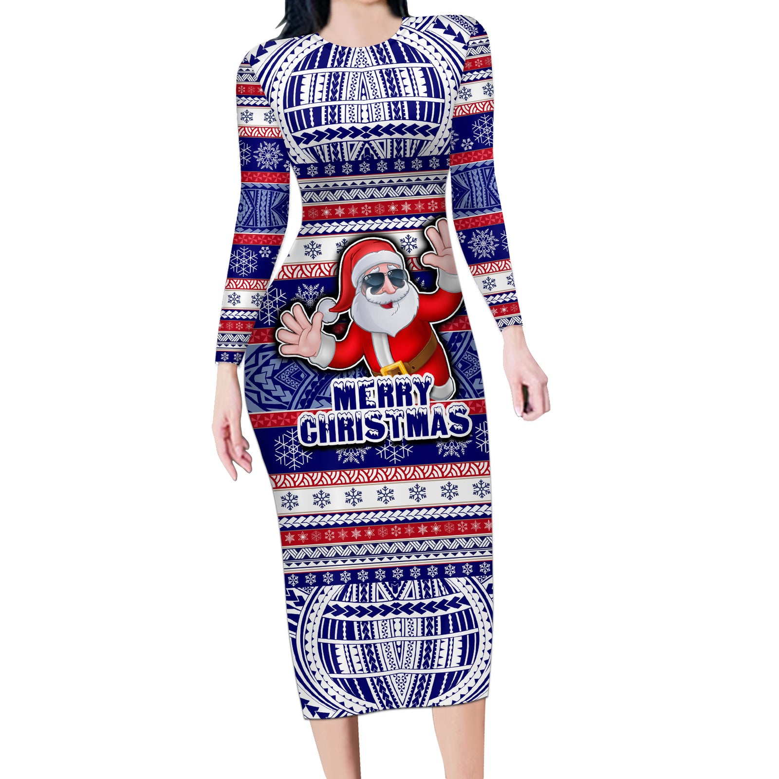 Custom American Samoa Christmas Long Sleeve Bodycon Dress Samoan Coat of Arms and Cool Santa Ornament Style LT03 Long Dress Blue - Polynesian Pride