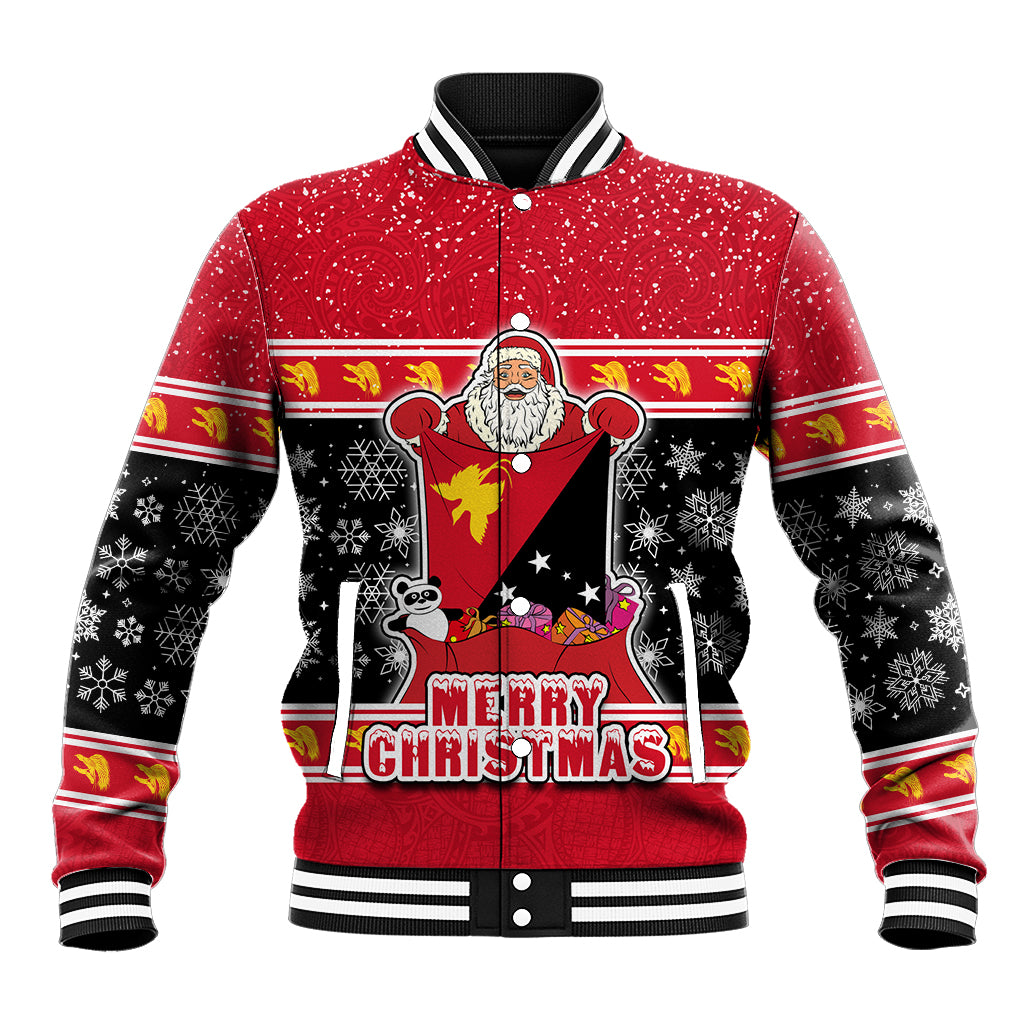 Papua New Guinea Christmas Baseball Jacket Santa With Flag Of PNG Polynesian Tribal Xmas Vibe LT03 Unisex Red - Polynesian Pride