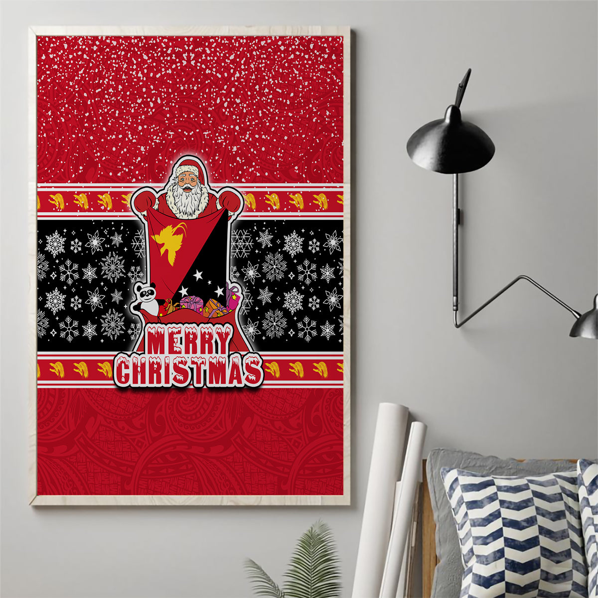 Papua New Guinea Christmas Canvas Wall Art Santa With Flag Of PNG Polynesian Tribal Xmas Vibe LT03 - Polynesian Pride