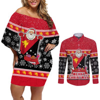 Papua New Guinea Christmas Couples Matching Off Shoulder Short Dress and Long Sleeve Button Shirts Santa With Flag Of PNG Polynesian Tribal Xmas Vibe LT03 Red - Polynesian Pride
