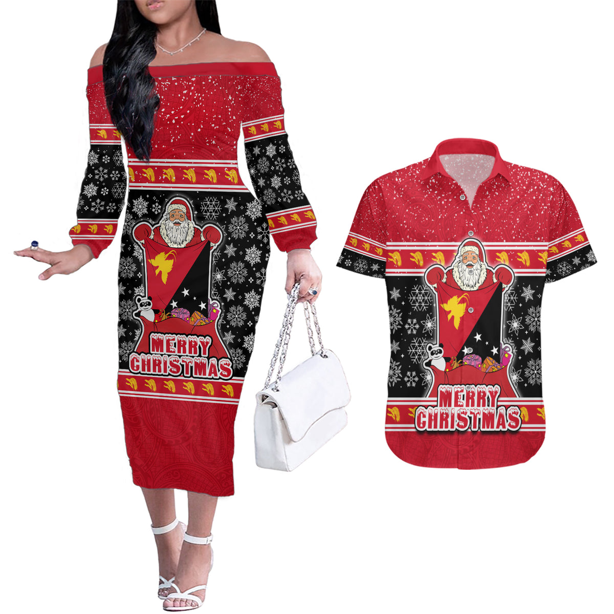 Papua New Guinea Christmas Couples Matching Off The Shoulder Long Sleeve Dress and Hawaiian Shirt Santa With Flag Of PNG Polynesian Tribal Xmas Vibe LT03 Red - Polynesian Pride