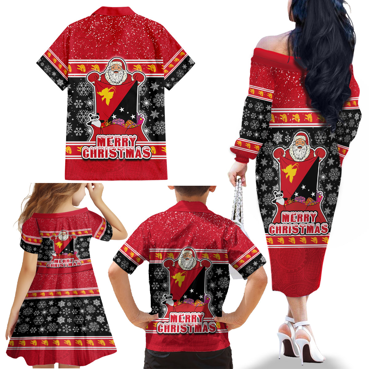 Papua New Guinea Christmas Family Matching Off Shoulder Long Sleeve Dress and Hawaiian Shirt Santa With Flag Of PNG Polynesian Tribal Xmas Vibe LT03 - Polynesian Pride