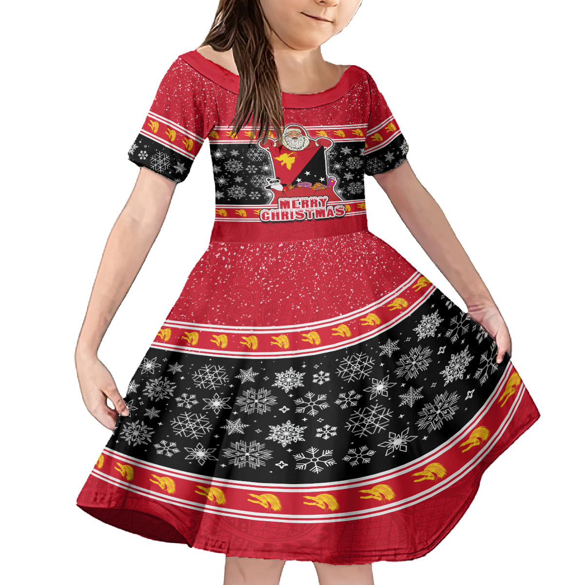 Papua New Guinea Christmas Family Matching Summer Maxi Dress and Hawaiian Shirt Santa With Flag Of PNG Polynesian Tribal Xmas Vibe LT03 Daughter's Dress Red - Polynesian Pride