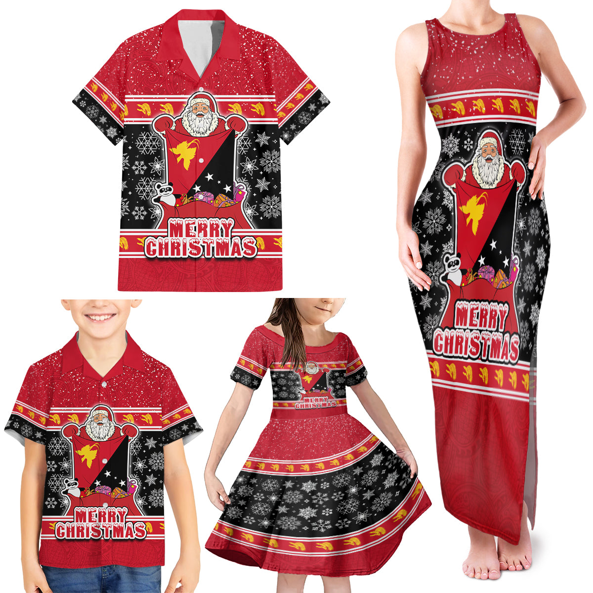 Papua New Guinea Christmas Family Matching Tank Maxi Dress and Hawaiian Shirt Santa With Flag Of PNG Polynesian Tribal Xmas Vibe LT03 - Polynesian Pride