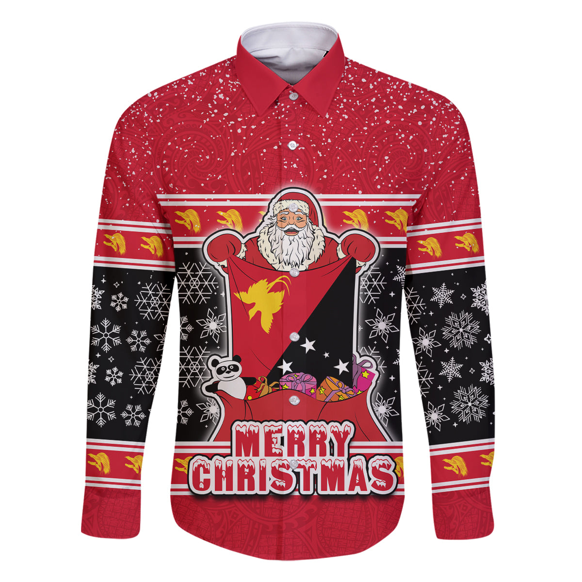 Papua New Guinea Christmas Family Matching Tank Maxi Dress and Hawaiian Shirt Santa With Flag Of PNG Polynesian Tribal Xmas Vibe LT03 Dad's Shirt - Long Sleeve Red - Polynesian Pride