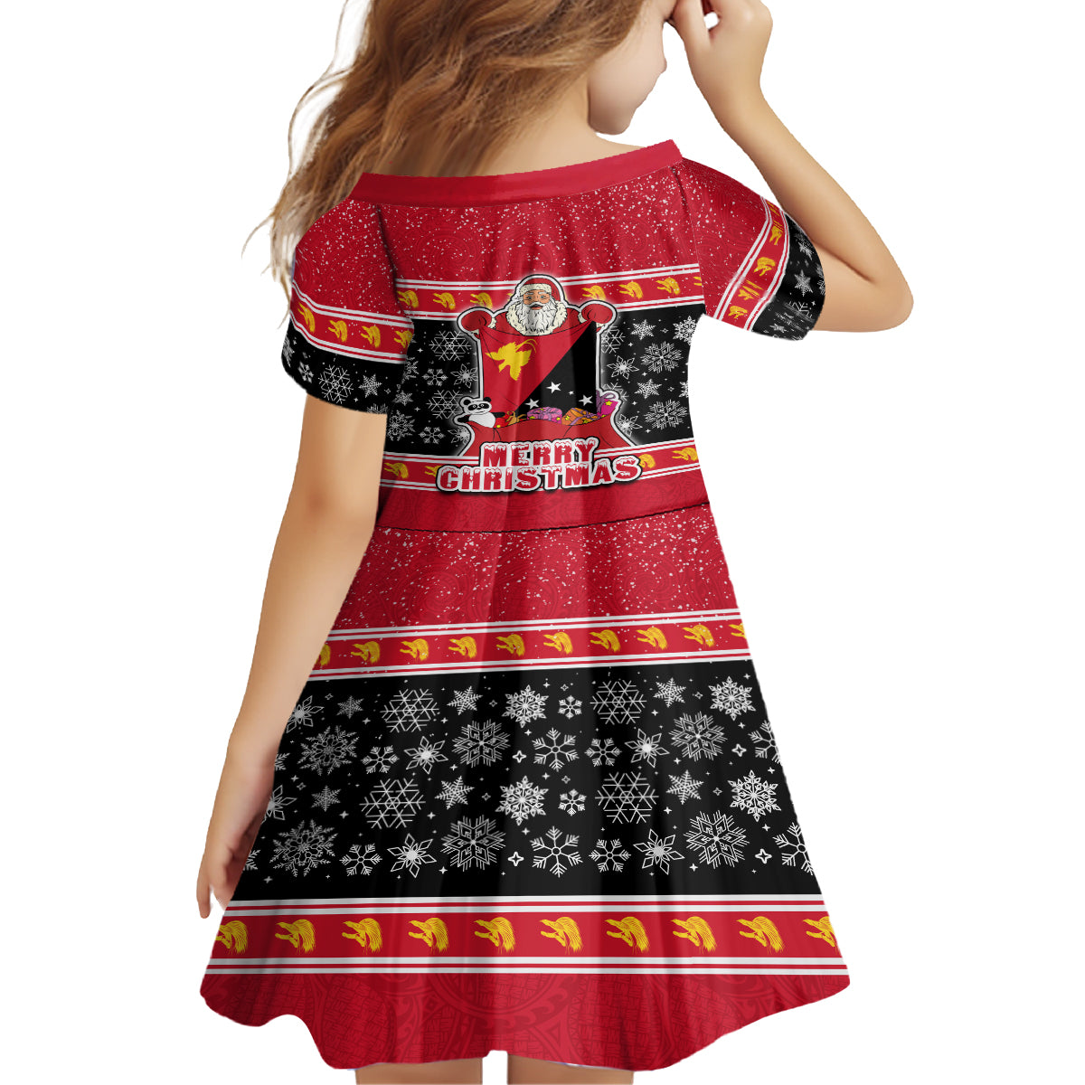 Papua New Guinea Christmas Kid Short Sleeve Dress Santa With Flag Of PNG Polynesian Tribal Xmas Vibe LT03 - Polynesian Pride
