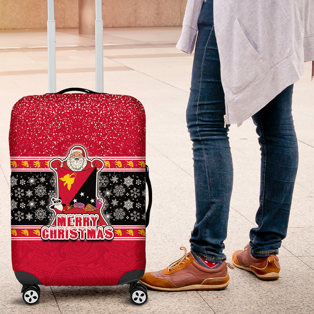 Papua New Guinea Christmas Luggage Cover Santa With Flag Of PNG Polynesian Tribal Xmas Vibe LT03 Red - Polynesian Pride