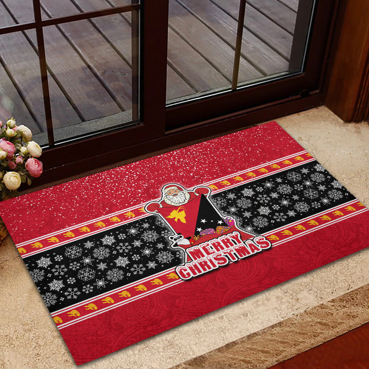 Papua New Guinea Christmas Rubber Doormat Santa With Flag Of PNG Polynesian Tribal Xmas Vibe LT03 - Polynesian Pride