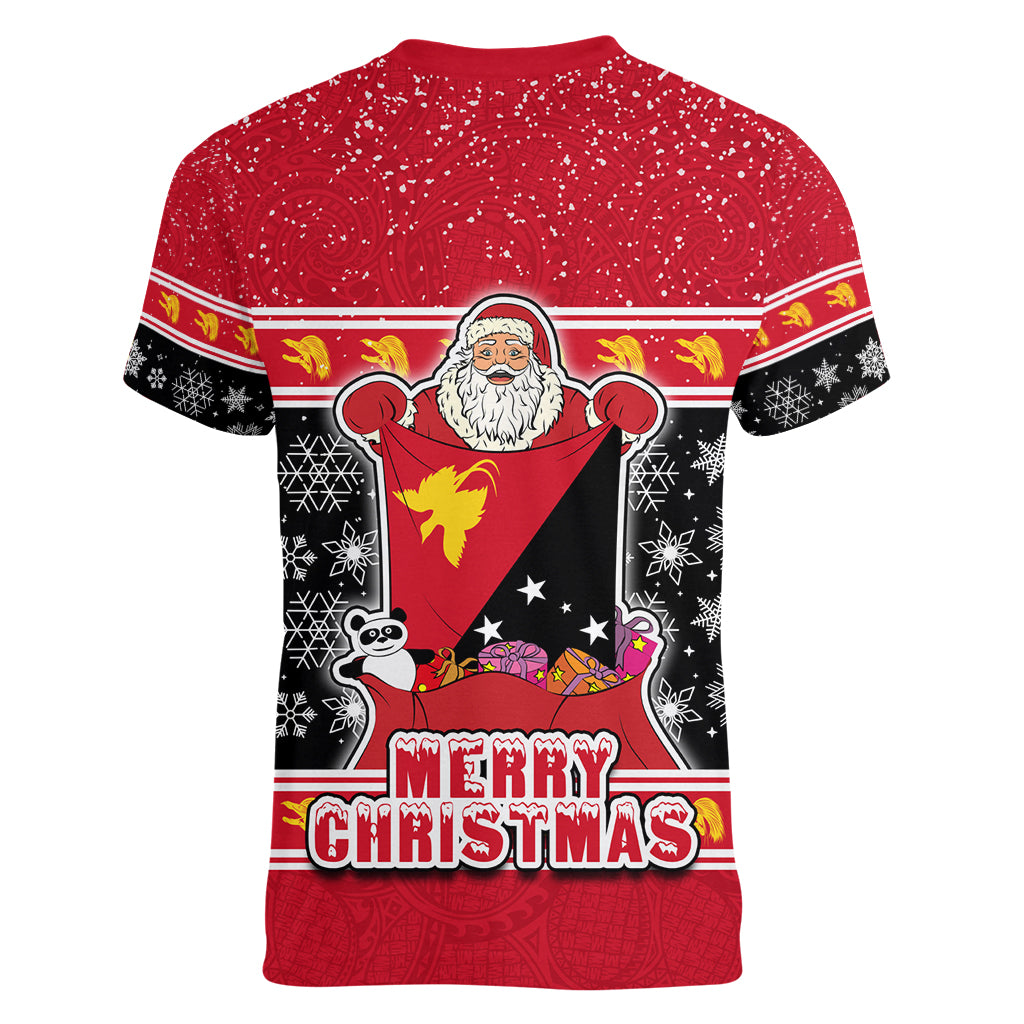 Papua New Guinea Christmas Women V Neck T Shirt Santa With Flag Of PNG Polynesian Tribal Xmas Vibe LT03 - Polynesian Pride