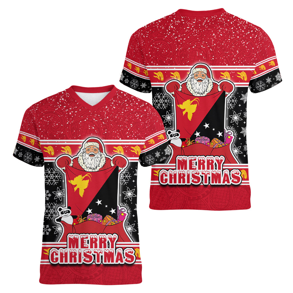 Papua New Guinea Christmas Women V Neck T Shirt Santa With Flag Of PNG Polynesian Tribal Xmas Vibe LT03 - Polynesian Pride