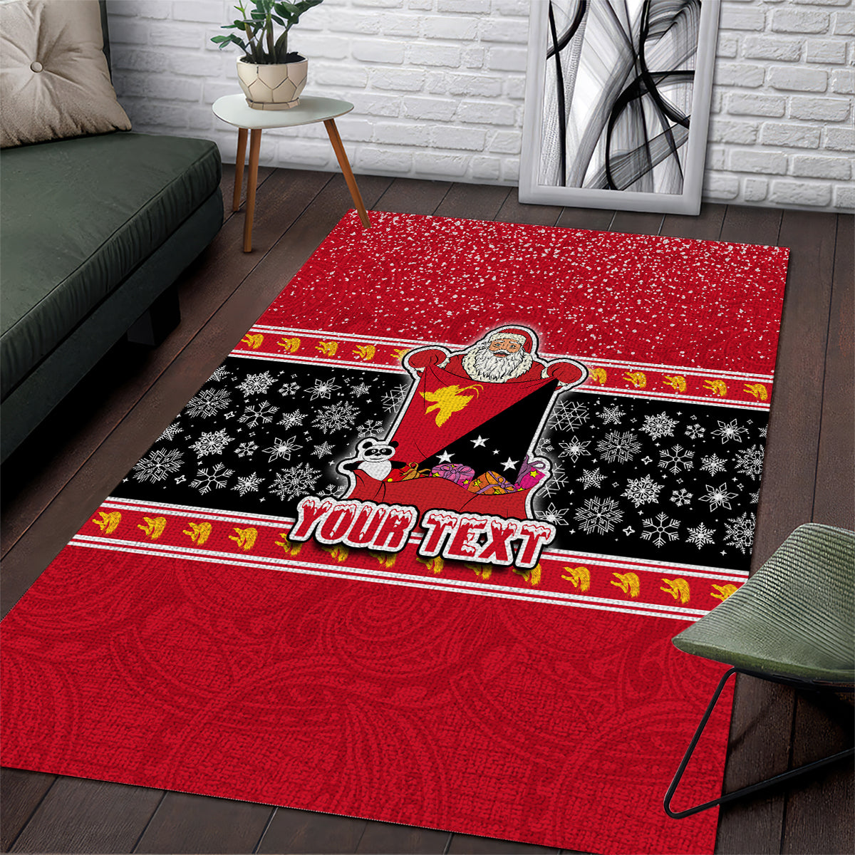 Custom Papua New Guinea Christmas Area Rug Santa With Flag Of PNG Polynesian Tribal Xmas Vibe LT03 Red - Polynesian Pride