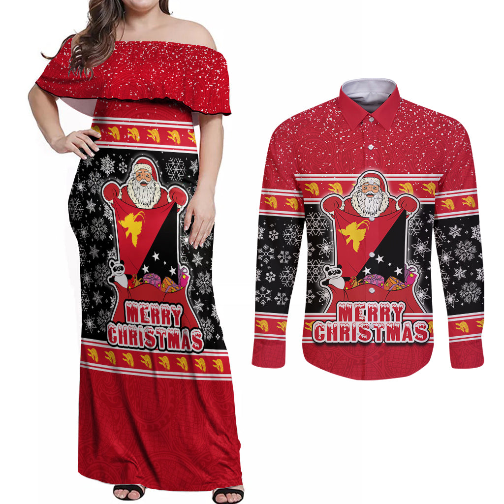 Custom Papua New Guinea Christmas Couples Matching Off Shoulder Maxi Dress and Long Sleeve Button Shirts Santa With Flag Of PNG Polynesian Tribal Xmas Vibe LT03 Red - Polynesian Pride