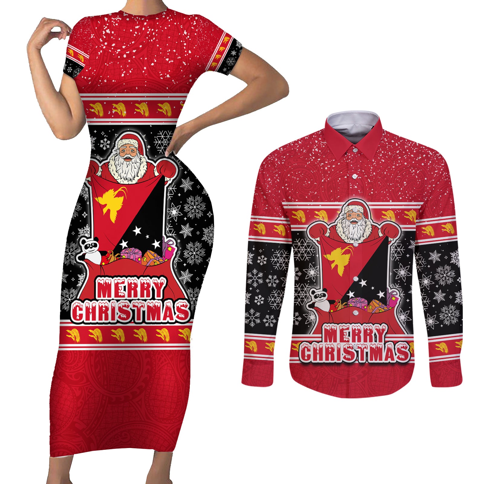 Custom Papua New Guinea Christmas Couples Matching Short Sleeve Bodycon Dress and Long Sleeve Button Shirts Santa With Flag Of PNG Polynesian Tribal Xmas Vibe LT03 Red - Polynesian Pride
