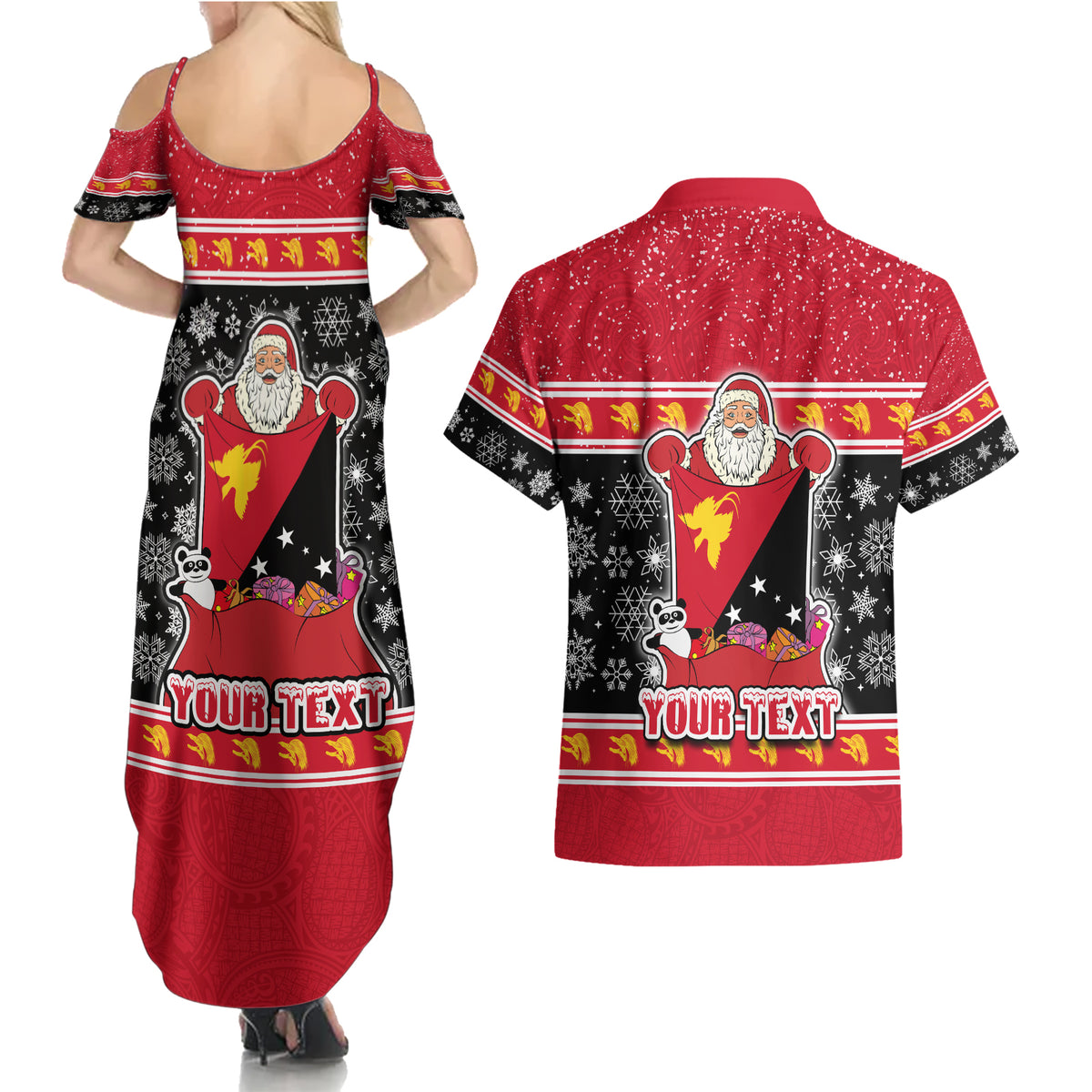 Custom Papua New Guinea Christmas Couples Matching Summer Maxi Dress and Hawaiian Shirt Santa With Flag Of PNG Polynesian Tribal Xmas Vibe LT03 - Polynesian Pride