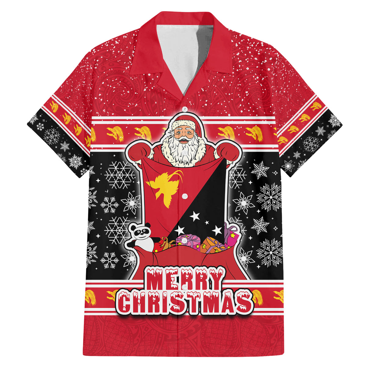 Custom Papua New Guinea Christmas Family Matching Mermaid Dress and Hawaiian Shirt Santa With Flag Of PNG Polynesian Tribal Xmas Vibe LT03 Dad's Shirt - Short Sleeve Red - Polynesian Pride