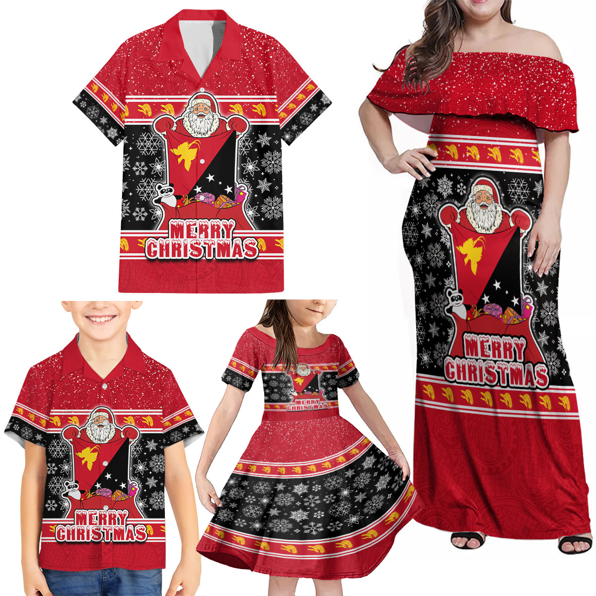 Custom Papua New Guinea Christmas Family Matching Off Shoulder Maxi Dress and Hawaiian Shirt Santa With Flag Of PNG Polynesian Tribal Xmas Vibe LT03 - Polynesian Pride