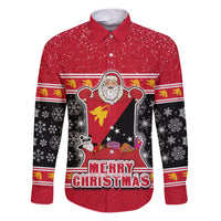 Custom Papua New Guinea Christmas Family Matching Puletasi Dress and Hawaiian Shirt Santa With Flag Of PNG Polynesian Tribal Xmas Vibe LT03 Dad's Shirt - Long Sleeve Red - Polynesian Pride