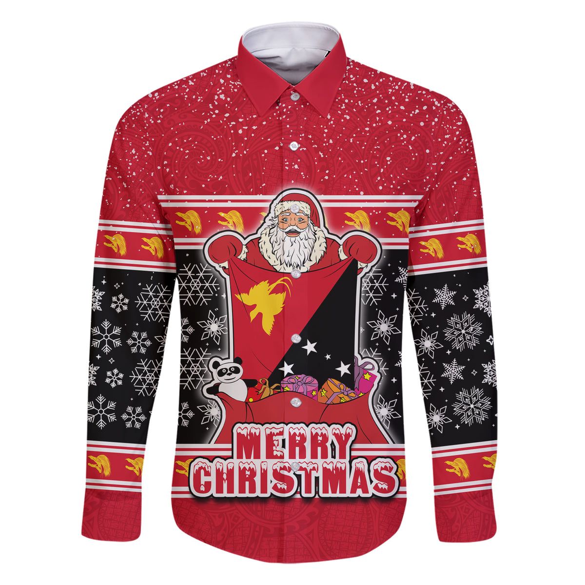 Custom Papua New Guinea Christmas Family Matching Short Sleeve Bodycon Dress and Hawaiian Shirt Santa With Flag Of PNG Polynesian Tribal Xmas Vibe LT03 Dad's Shirt - Long Sleeve Red - Polynesian Pride