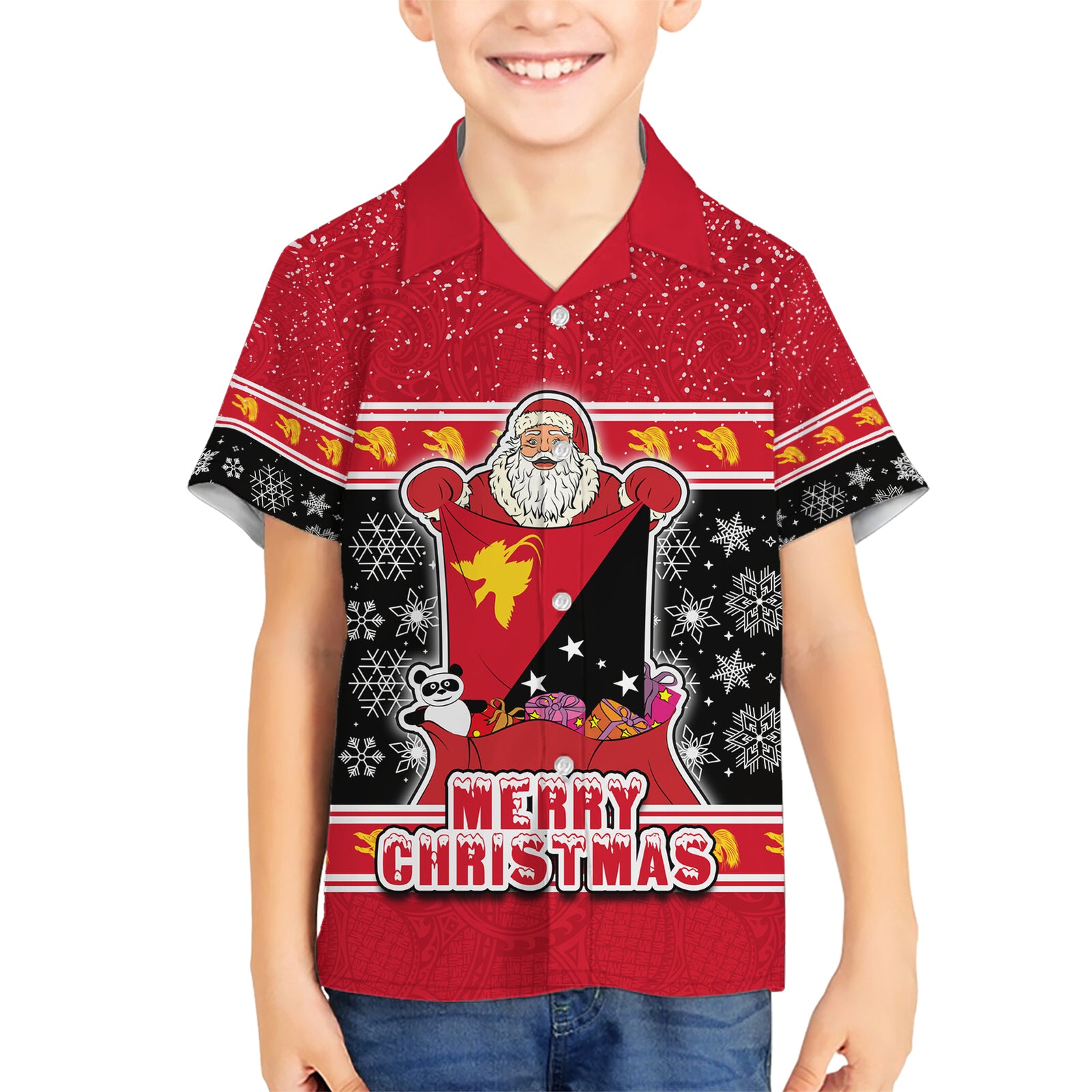Custom Papua New Guinea Christmas Kid Hawaiian Shirt Santa With Flag Of PNG Polynesian Tribal Xmas Vibe LT03 Kid Red - Polynesian Pride