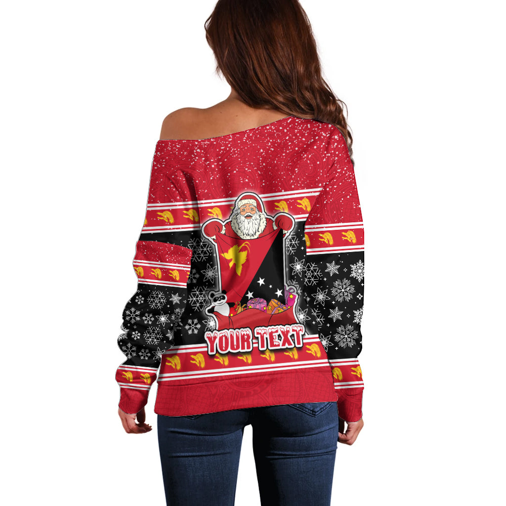 Custom Papua New Guinea Christmas Off Shoulder Sweater Santa With Flag Of PNG Polynesian Tribal Xmas Vibe LT03 - Polynesian Pride