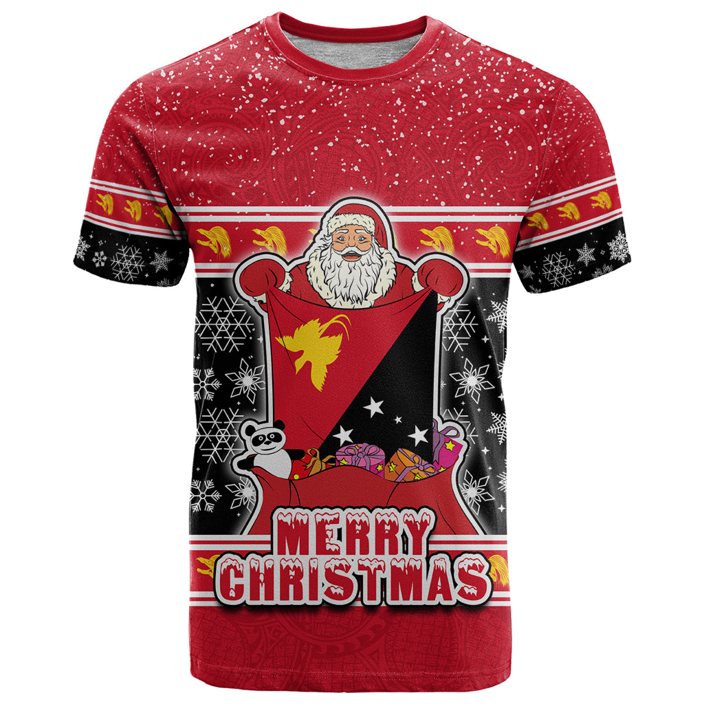 Custom Papua New Guinea Christmas T Shirt Santa With Flag Of PNG Polynesian Tribal Xmas Vibe LT03 Red - Polynesian Pride