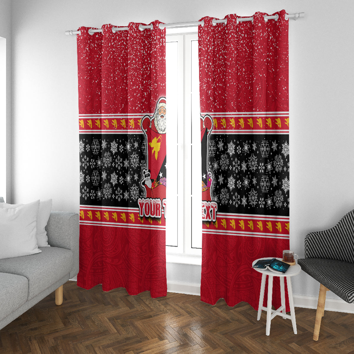 Custom Papua New Guinea Christmas Window Curtain Santa With Flag Of PNG Polynesian Tribal Xmas Vibe LT03 - Polynesian Pride