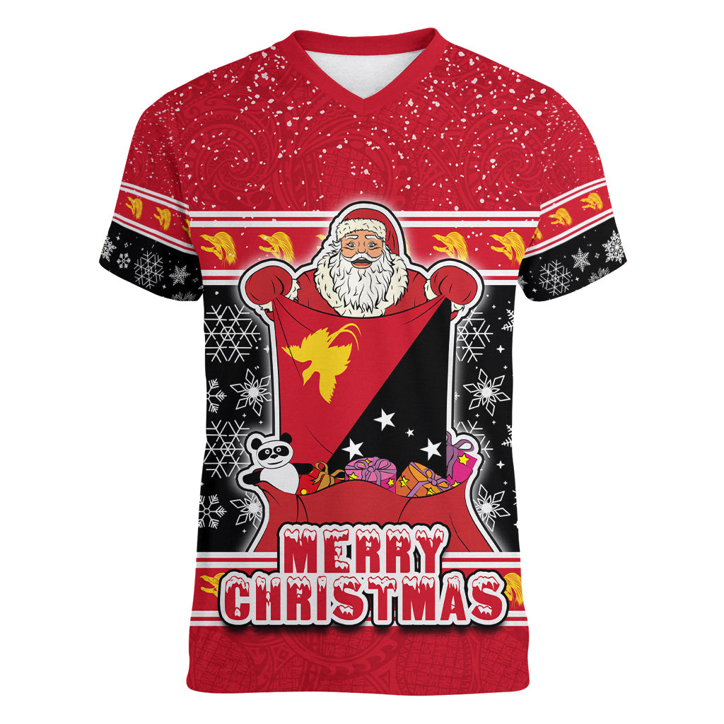 Custom Papua New Guinea Christmas Women V Neck T Shirt Santa With Flag Of PNG Polynesian Tribal Xmas Vibe LT03 Female Red - Polynesian Pride