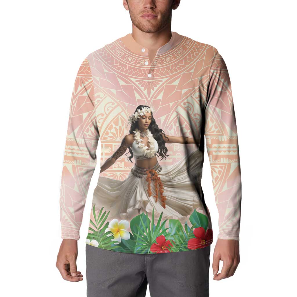 Woman Polynesian Tattoos Button Sweatshirt Tropical Flower - Peach Fuzz Color