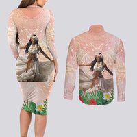 Woman Polynesian Tattoos Couples Matching Long Sleeve Bodycon Dress and Long Sleeve Button Shirt Tropical Flower - Peach Fuzz Color