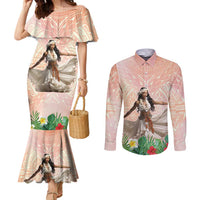 Woman Polynesian Tattoos Couples Matching Mermaid Dress and Long Sleeve Button Shirt Tropical Flower - Peach Fuzz Color