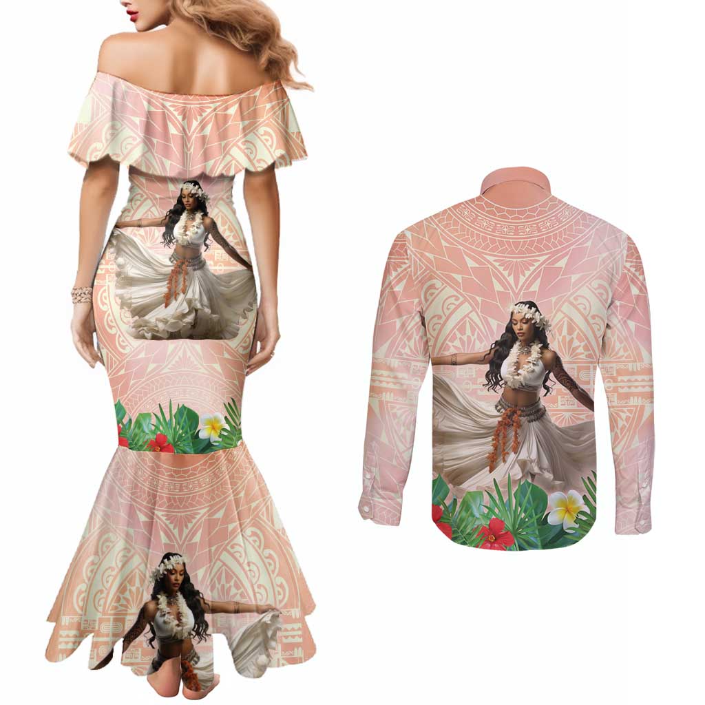 Woman Polynesian Tattoos Couples Matching Mermaid Dress and Long Sleeve Button Shirt Tropical Flower - Peach Fuzz Color