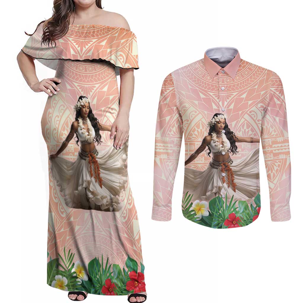 Woman Polynesian Tattoos Couples Matching Off Shoulder Maxi Dress and Long Sleeve Button Shirt Tropical Flower - Peach Fuzz Color LT03 Peach Fuzz - Polynesian Pride