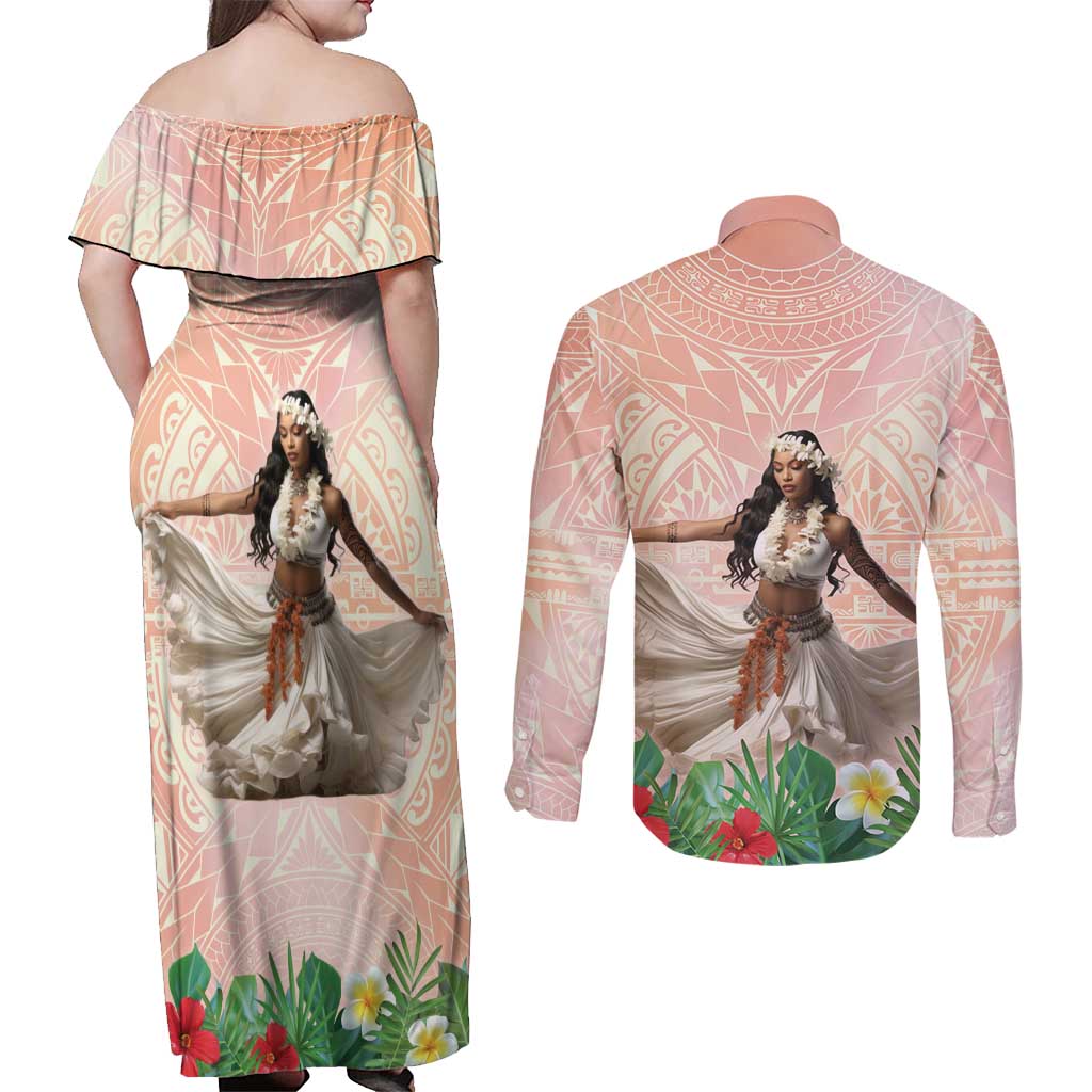 Woman Polynesian Tattoos Couples Matching Off Shoulder Maxi Dress and Long Sleeve Button Shirt Tropical Flower - Peach Fuzz Color