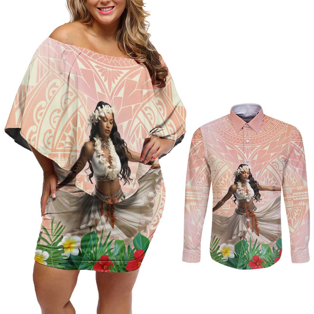 Woman Polynesian Tattoos Couples Matching Off Shoulder Short Dress and Long Sleeve Button Shirt Tropical Flower - Peach Fuzz Color LT03 Peach Fuzz - Polynesian Pride