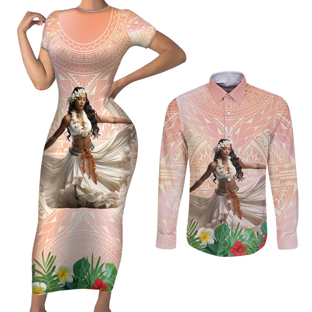 Woman Polynesian Tattoos Couples Matching Short Sleeve Bodycon Dress and Long Sleeve Button Shirt Tropical Flower - Peach Fuzz Color LT03 Peach Fuzz - Polynesian Pride