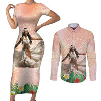 Woman Polynesian Tattoos Couples Matching Short Sleeve Bodycon Dress and Long Sleeve Button Shirt Tropical Flower - Peach Fuzz Color