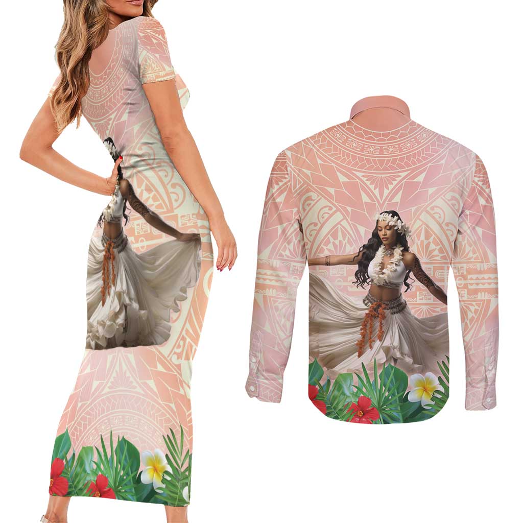Woman Polynesian Tattoos Couples Matching Short Sleeve Bodycon Dress and Long Sleeve Button Shirt Tropical Flower - Peach Fuzz Color