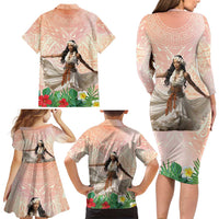Woman Polynesian Tattoos Family Matching Long Sleeve Bodycon Dress and Hawaiian Shirt Tropical Flower - Peach Fuzz Color