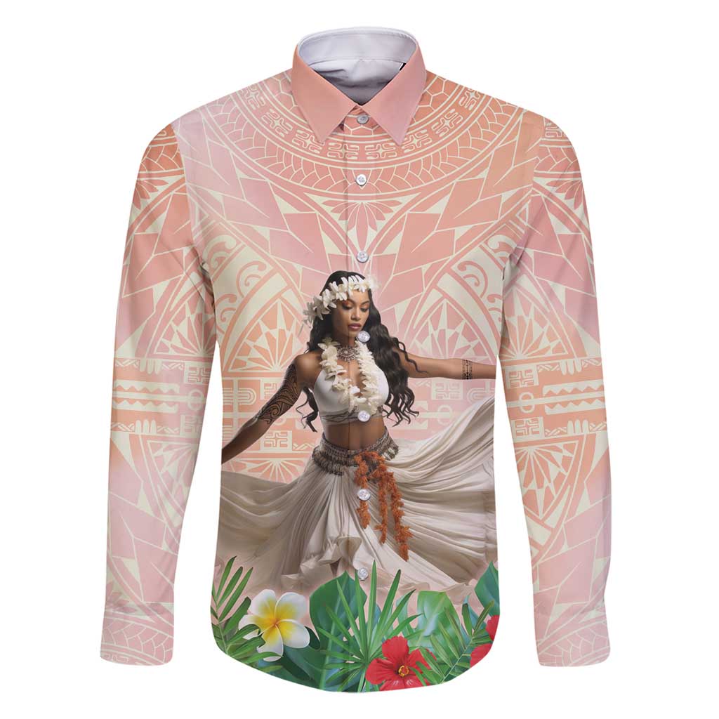 Woman Polynesian Tattoos Family Matching Long Sleeve Bodycon Dress and Hawaiian Shirt Tropical Flower - Peach Fuzz Color