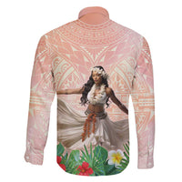 Woman Polynesian Tattoos Family Matching Long Sleeve Bodycon Dress and Hawaiian Shirt Tropical Flower - Peach Fuzz Color