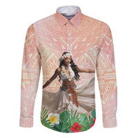 Woman Polynesian Tattoos Family Matching Off The Shoulder Long Sleeve Dress and Hawaiian Shirt Tropical Flower - Peach Fuzz Color
