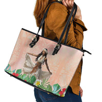 Woman Polynesian Tattoos Leather Tote Bag Tropical Flower - Peach Fuzz Color