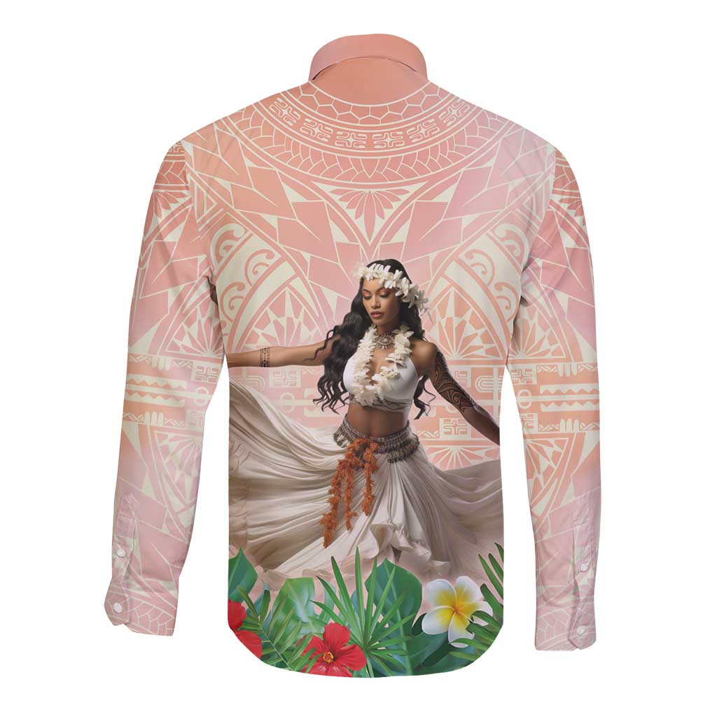 Woman Polynesian Tattoos Long Sleeve Button Shirt Tropical Flower - Peach Fuzz Color
