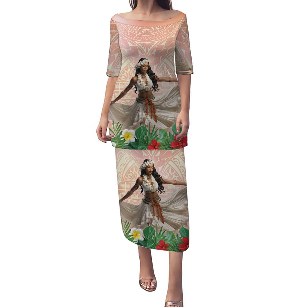 Woman Polynesian Tattoos Puletasi Tropical Flower - Peach Fuzz Color