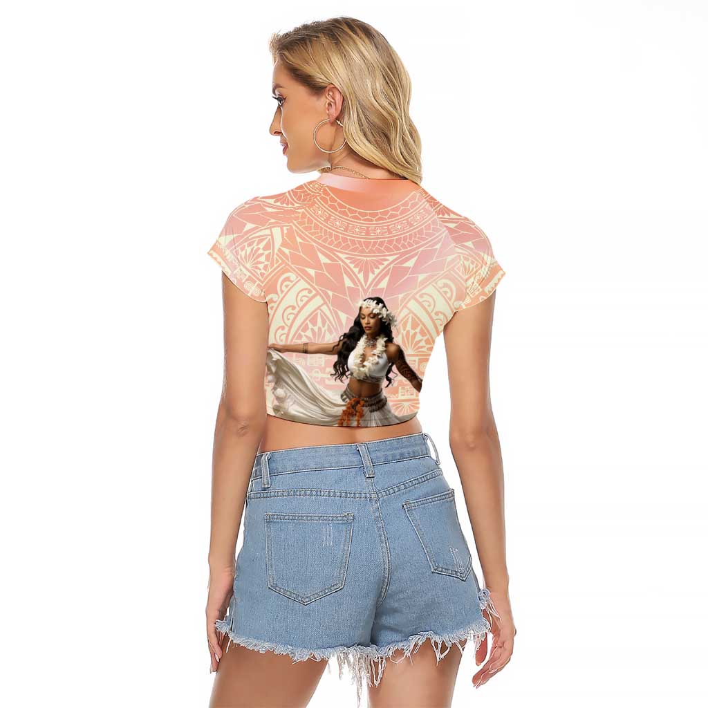 Woman Polynesian Tattoos Raglan Cropped T Shirt Tropical Flower - Peach Fuzz Color