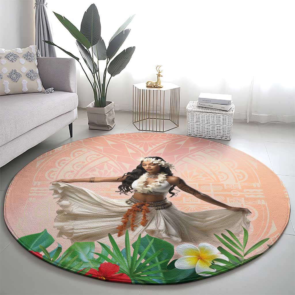 Woman Polynesian Tattoos Round Carpet Tropical Flower - Peach Fuzz Color